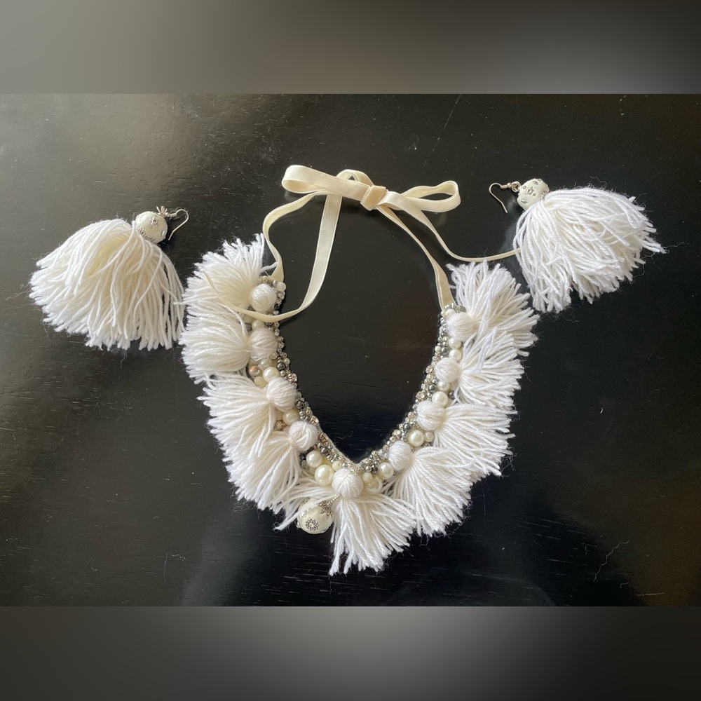 Elegant White Tassel with beads Necklace and Earring Set